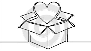 Gift box with heart of love, one line art continuous drawing. Present on Valentines day, birthday, other holiday.