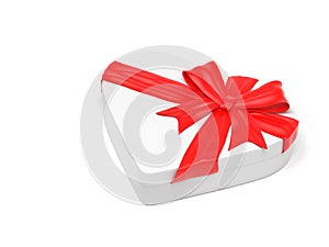 Gift box in heart shape. Closed container decorated with red ribbon bow. 3d rendering illustration.