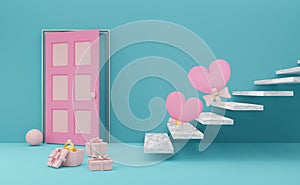 Gift box with heart shaped balloon and door in sky blue pastel composition, valentine`s day concept ,3d illustration or 3d render