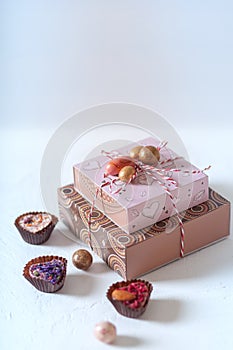 Gift box, heart-shaped candy. The Concept Of Valentine`s Day