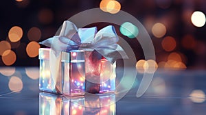 Gift box from holographic texture on festive background with bokeh
