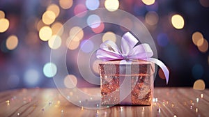 Gift box from holographic texture on festive background with bokeh