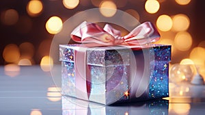 Gift box from holographic texture on festive background with bokeh