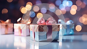 Gift box from holographic texture on festive background with bokeh