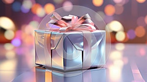 Gift box from holographic texture on festive background with bokeh