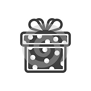 Gift box icon with bow. A simple image of a closed box. Dark polka dot texture. Isolated vector on a pure white background