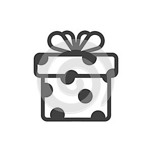 Gift box icon with bow. A simple image of a closed box. Dark polka dots texture on a white background.. Isolated vector on a pure