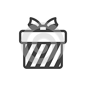 Gift box icon with bow. A simple image of a closed box. Striped texture. Isolated vector on a pure white background.