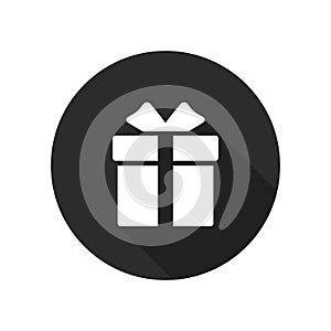 Gift box icon in circle. Present symbol. Round button with long shadow. Vector