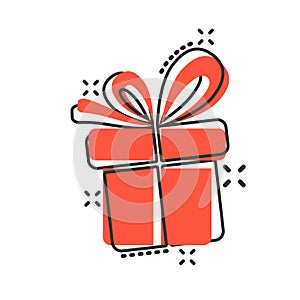 Gift box icon in comic style. Present package vector cartoon illustration on white isolated background. Surprise business concept