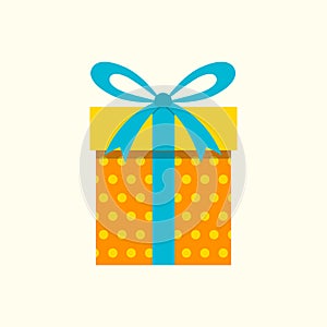 Gift box icon with ribbon and bow. Present package for Christmas or Birthday celebration. Design element for surprise, party