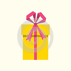 Gift box icon with ribbon and bow. Present package for Christmas or Birthday celebration. Design element for surprise, party