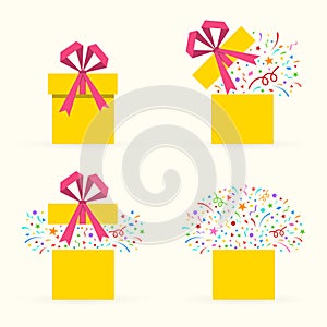 Gift box icon set with confetti. Surprise package with ribbon and bow. Present boxes for Christmas or Birthday celebration. Party,