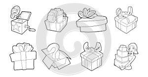 Gift box icon set, outline style