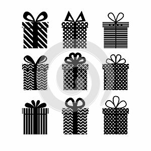 Gift Box icon set. Presents black vector illustration