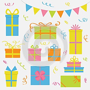 Gift box icon set. Triangle paper flags Ribbon confetti. Colorful flag hanging on rope. Cartoon collection. Isolated. White