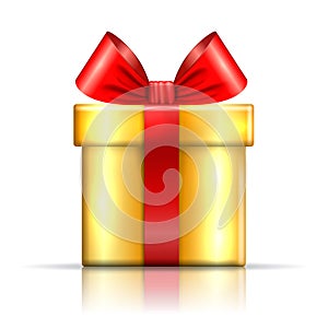 Gift box icon. Surprise present red-gold template, ribbon bow, isolated white background. 3D design decoration for