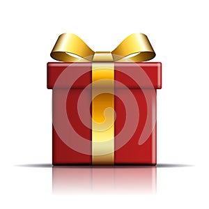 Gift box icon. Surprise present red-gold template, ribbon bow, isolated white background. 3D design decoration for