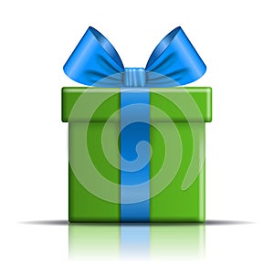 Gift box icon. Surprise present template, blue ribbon bow, isolated white background. 3D design decoration for Christmas