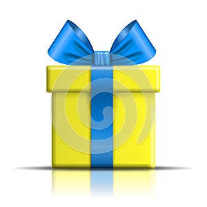 Gift box icon. Surprise present template, blue ribbon bow, isolated white background. 3D design decoration for Christmas