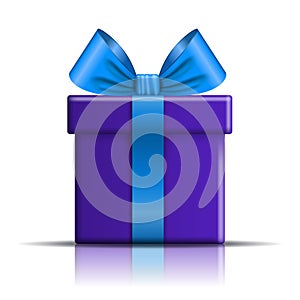 Gift box icon. Surprise present template, blue ribbon bow, isolated white background. 3D design decoration for Christmas