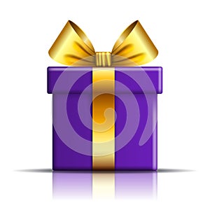 Gift box icon. Surprise present template, gold ribbon bow, isolated white background. 3D design decoration for Christmas