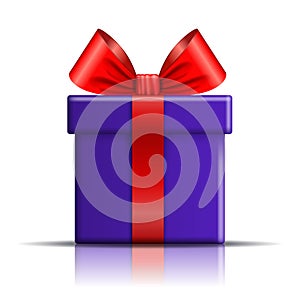 Gift box icon. Surprise present template, red ribbon bow, isolated white background. 3D design decoration for Christmas