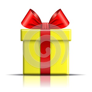 Gift box icon. Surprise present template, red ribbon bow, isolated white background. 3D design decoration for Christmas