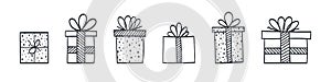 Gift box icons. Set of hand drawn gift boxes with different style and forms. Vector illustration