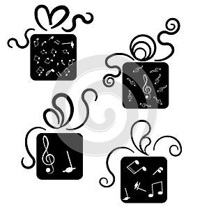 Gift box icons with treble glef and notes