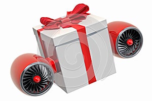 Gift box with jet engines. Gift fast delivery concept, 3D rendering