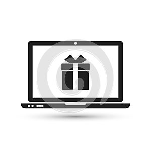 Gift box on Laptop monitor icon. Vector isolated illustration