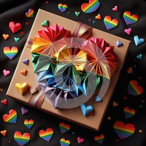 Gift box of LGBTQ love with large rainbow heart