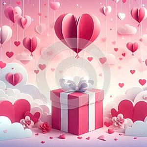 Gift box of love with a heart shaped red balloon