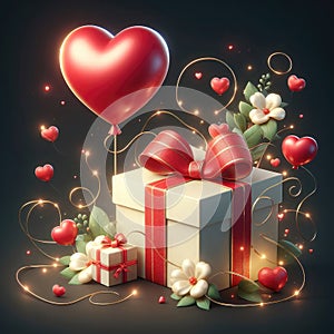 Gift box of love with a heart shaped red balloon