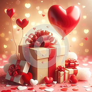 Gift box of love with a heart shaped red balloon