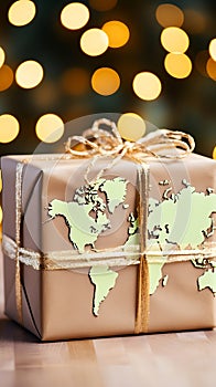 Gift box with map of the world on bokeh background