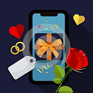 Gift box on mobile phone, online shopping with hearts