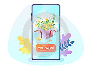 Gift box with money on cellphone screen