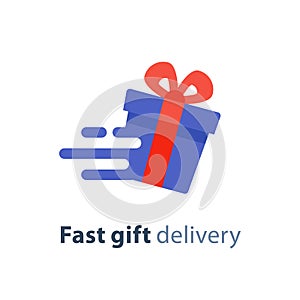 Gift box in motion icon, fast gift delivery service, present quick solution, vector illustration