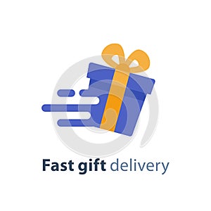 Gift box in motion icon, fast gift delivery service, present quick solution, vector illustration