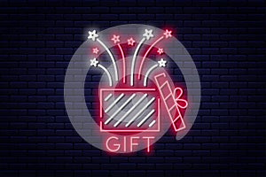 Gift box, neon sign. Reward or bonus concept, prize or surprise. Gift and firework, neon style sign board