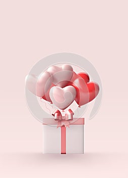 Gift box open balloon heart floating pink background love valentine concept vector 3D