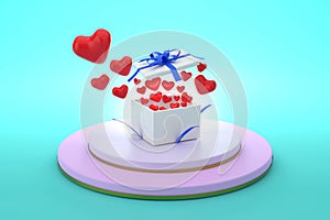 A gift box with an open lid located on the podium and flying hearts. Concept of love and giving: Valentine`s Day, Father`s Day,