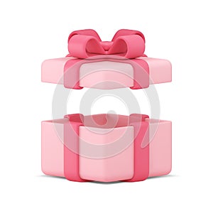 Gift box open package bow ribbon surprise festive pink container 3d icon realistic vector