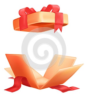 Gift box opening. Realistic present with red ribbon bow