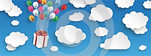 Gift Box Paper Clouds Striped Blue Sky Balloons Header