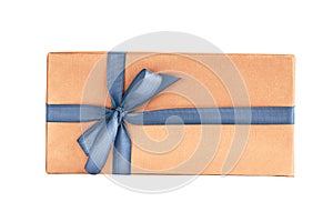 Gift Box in Peach Fuzz Color with Blue Ribbon, Isolated on White Background