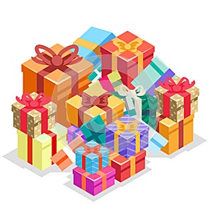 Gift box pile isolated object isometric 3d icon flat design vector illustration