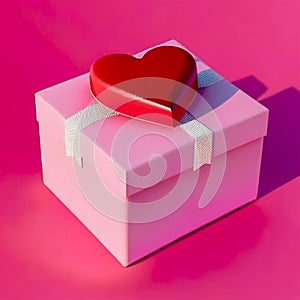 Gift Box with Pink Background. for Valentine\'s Day. 3D Red Hearts. Art Created with Generative AI